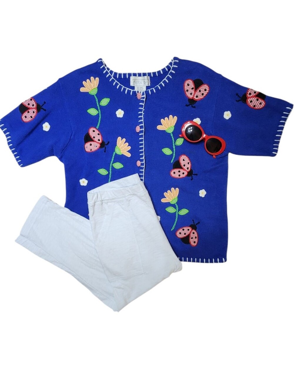 Mandal Bay Vintage Grannycore Knit Floral  Sweater Cardigan Sz L Vibrant Blue